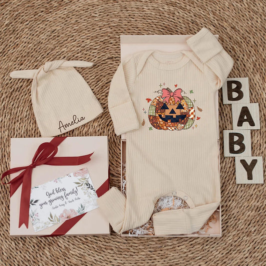 Fall Pumpkin Patch Baby Bodysuit, Floral Bow First Halloween Outfit, Baby Shower Gift, Autumn Newborn Clothes, Jack-o'-Lantern Baby Reveal 134 chars