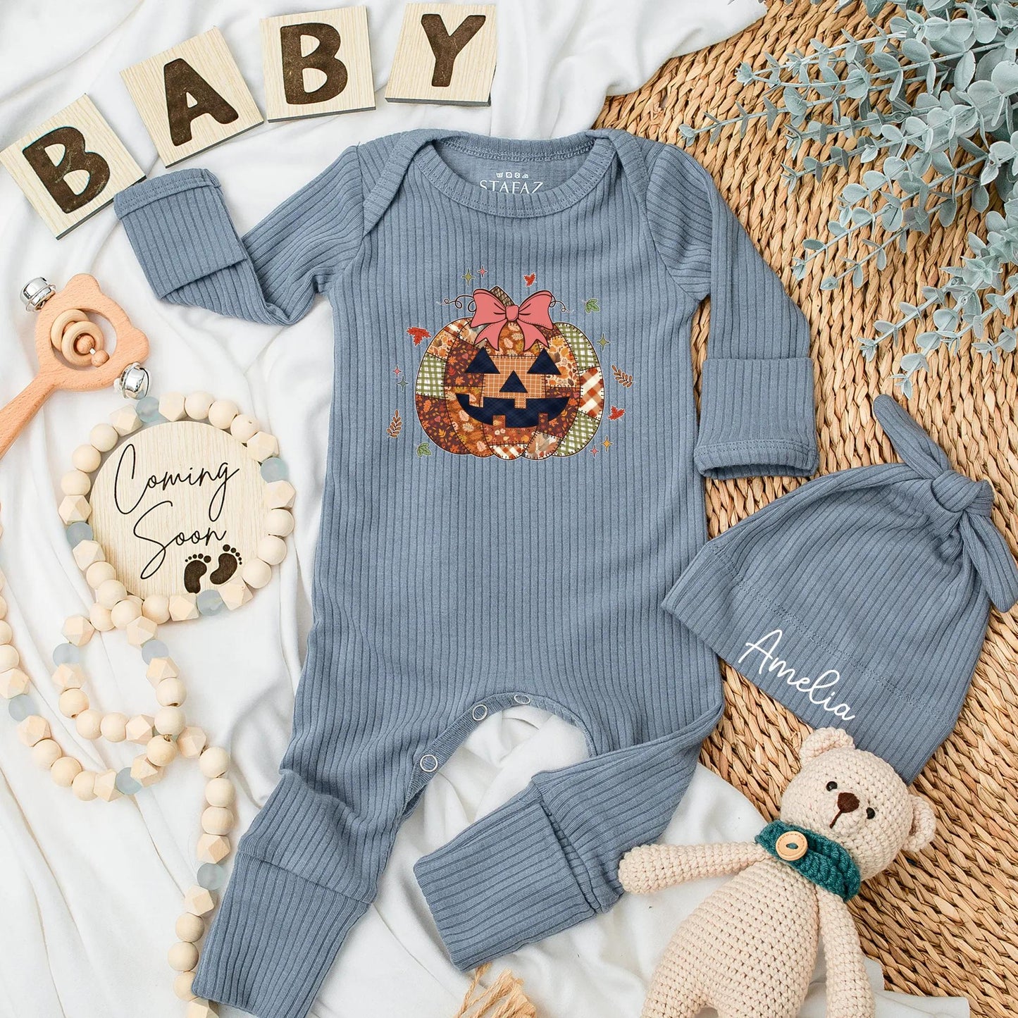 Fall Pumpkin Patch Baby Bodysuit, Floral Bow First Halloween Outfit, Baby Shower Gift, Autumn Newborn Clothes, Jack-o'-Lantern Baby Reveal 134 chars