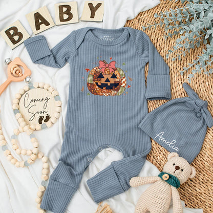 Fall Pumpkin Patch Baby Bodysuit, Floral Bow First Halloween Outfit, Baby Shower Gift, Autumn Newborn Clothes, Jack-o'-Lantern Baby Reveal 134 chars