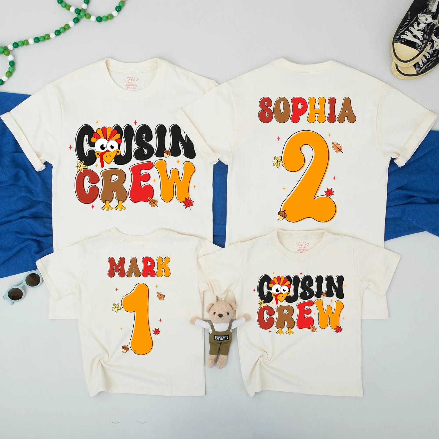 Thanksgiving Cousin Crew Matching Shirts Retro Turkey Design Playful Bubbly Font Personalized Name Family Outfits Kids Toddler Baby First Fall Holiday
