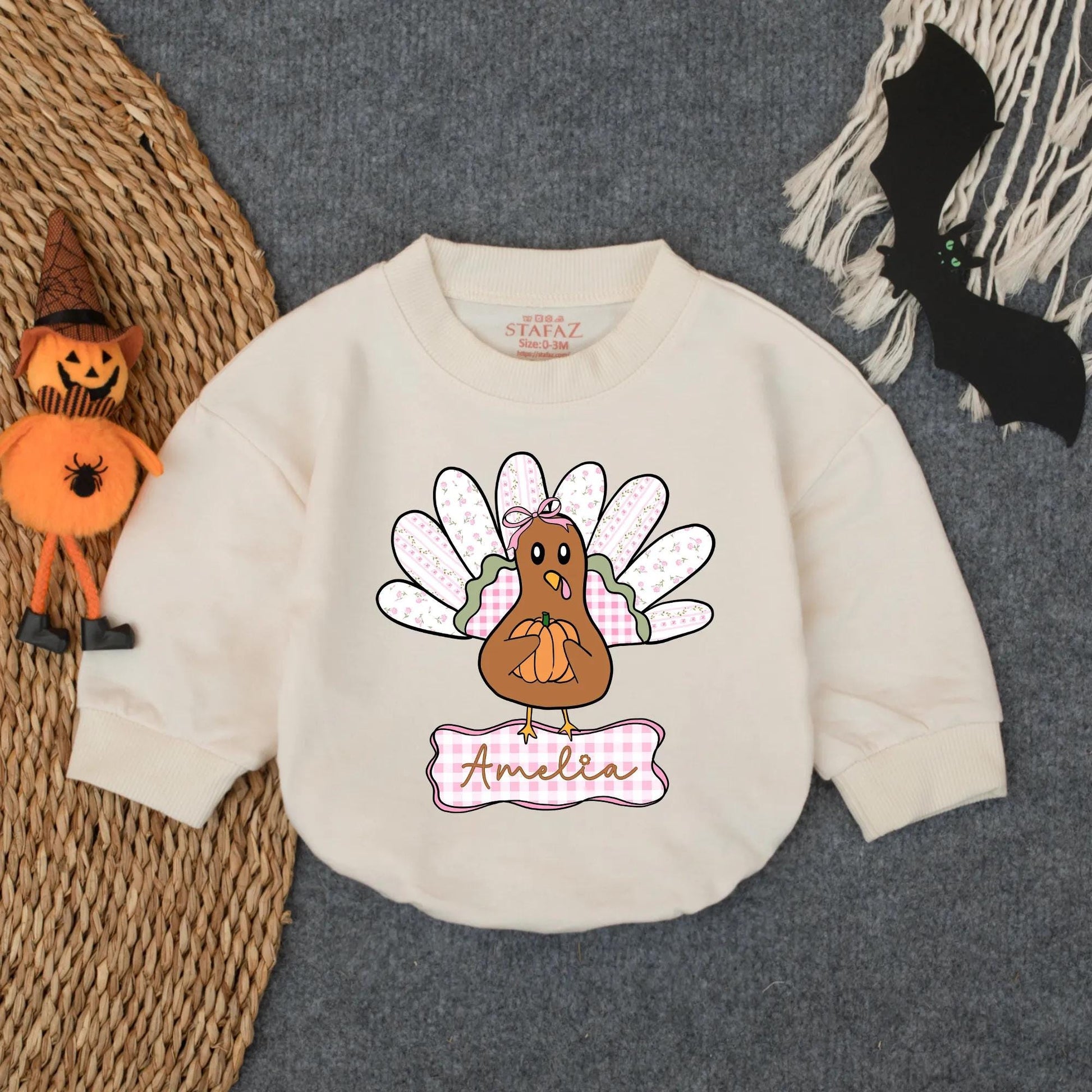 Custom Name Preppy Turkey Baby Bubble Romper Playful Cartoon Thanksgiving Infant Outfit Toddler Fall Clothes Newborn Turkey Day Gift