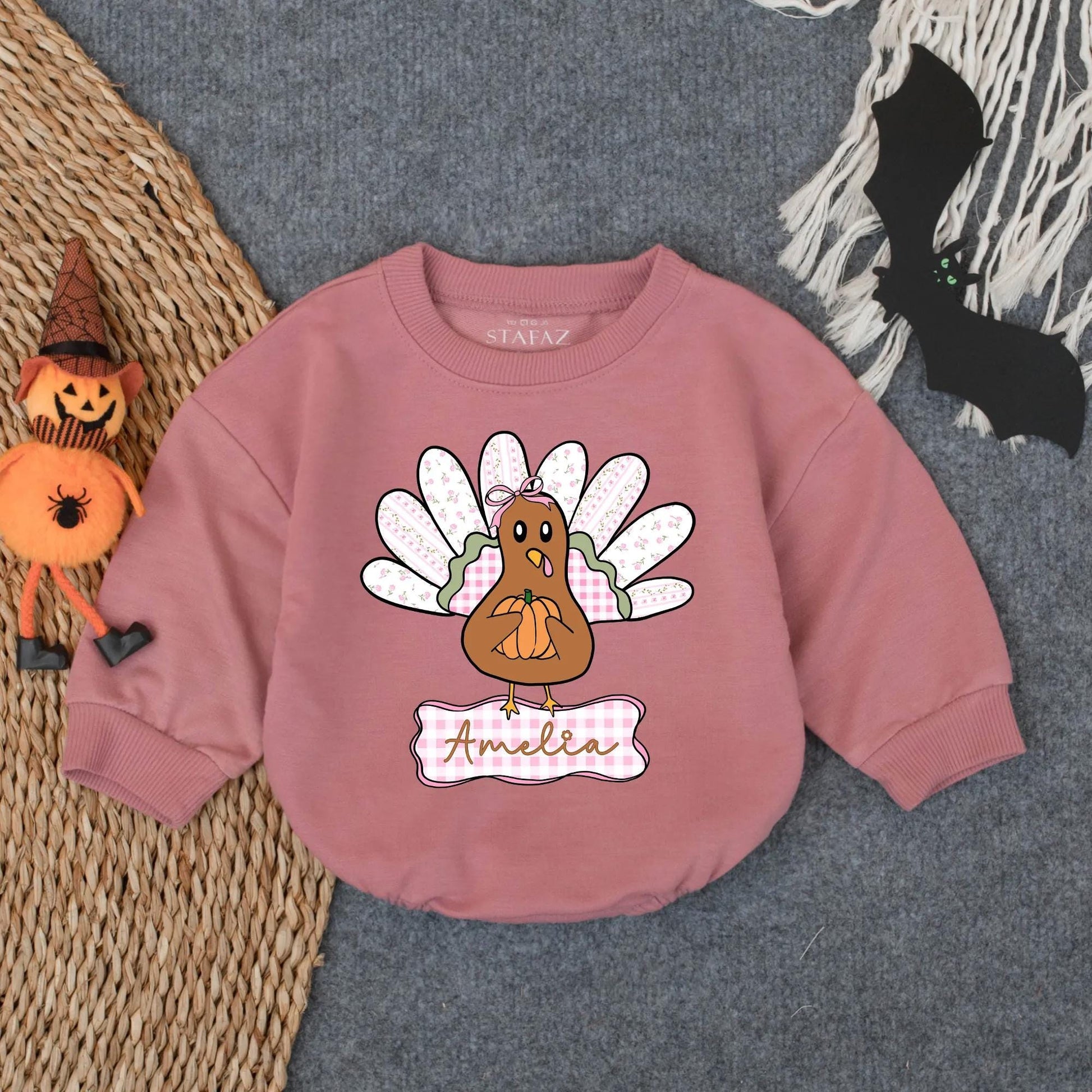 Custom Name Preppy Turkey Baby Bubble Romper Playful Cartoon Thanksgiving Infant Outfit Toddler Fall Clothes Newborn Turkey Day Gift