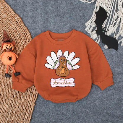 Custom Name Preppy Turkey Baby Bubble Romper Playful Cartoon Thanksgiving Infant Outfit Toddler Fall Clothes Newborn Turkey Day Gift