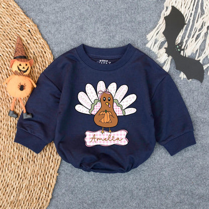 Custom Name Preppy Turkey Baby Bubble Romper Playful Cartoon Thanksgiving Infant Outfit Toddler Fall Clothes Newborn Turkey Day Gift