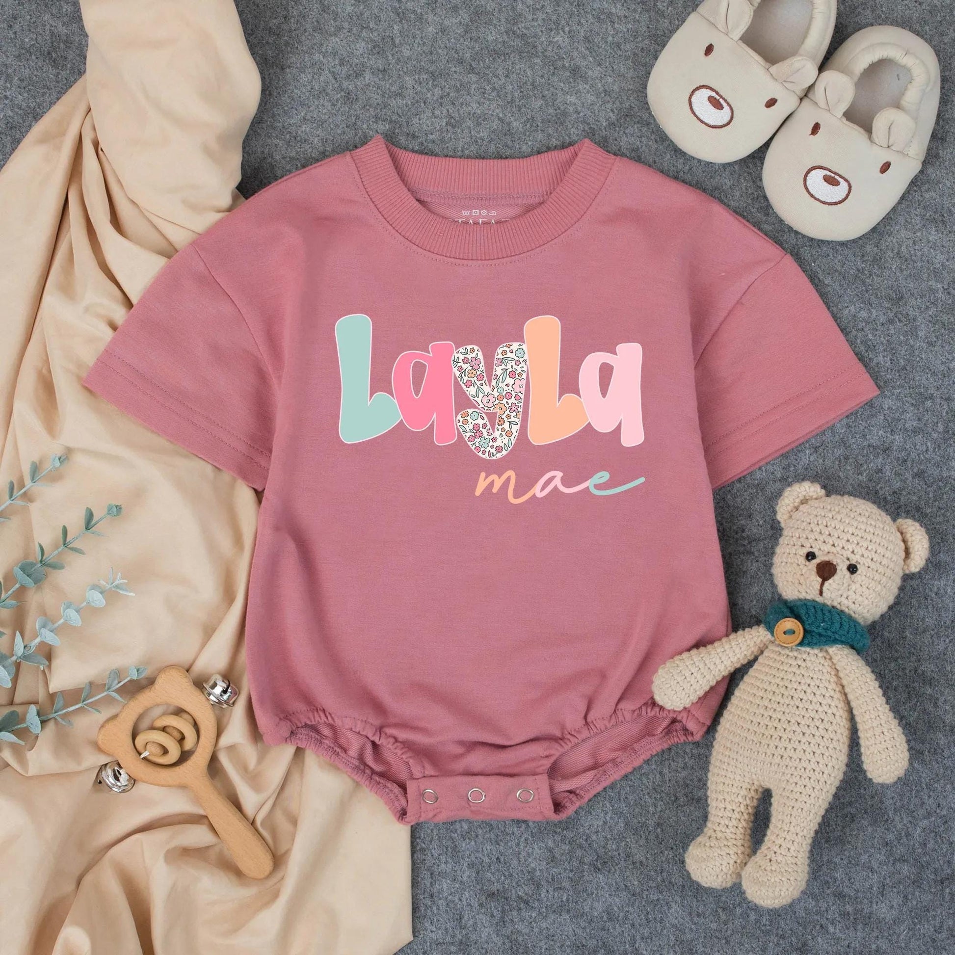 Custom Name Baby Romper Layla Mae Pastel Floral Toddler Bubble Bodysuit Minimalist Girl Birthday Gift