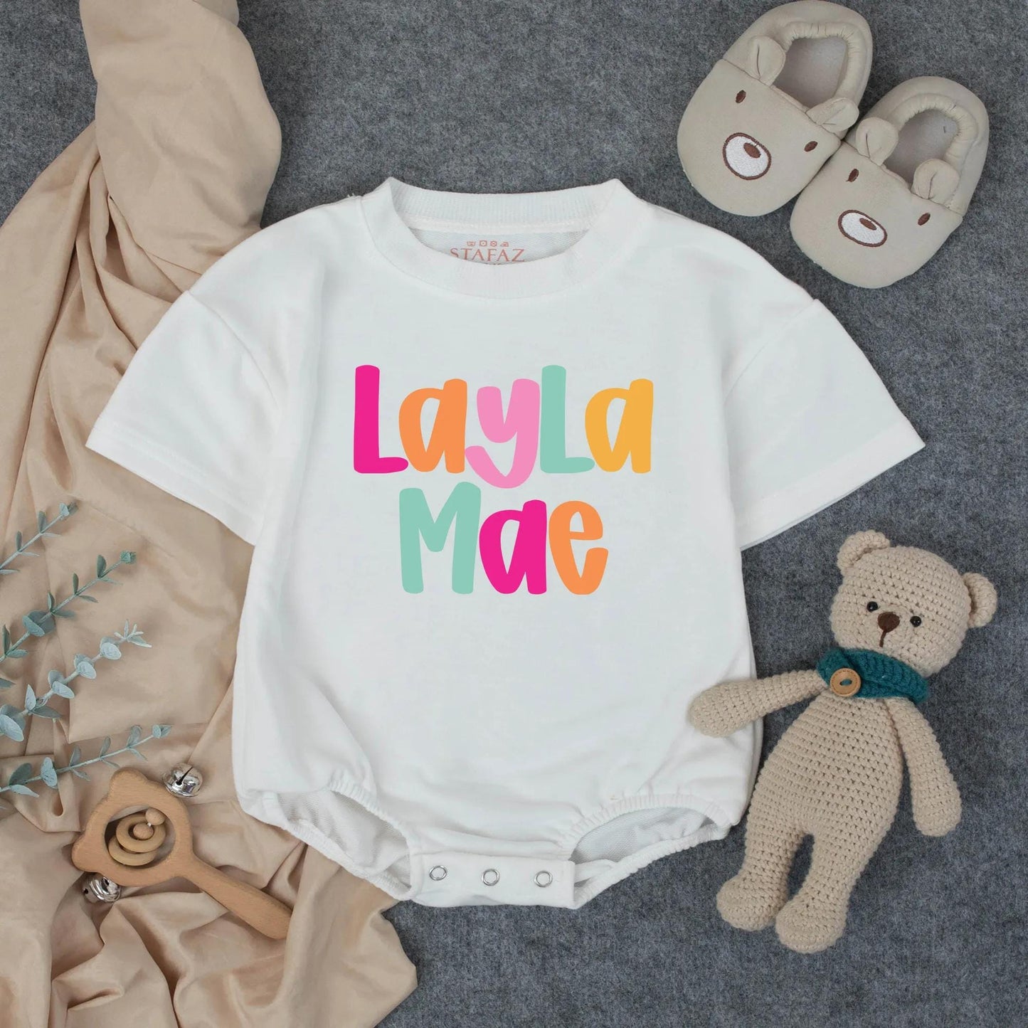 Personalized Name Baby Girl Romper Playful Bright Colorful Letters Birthday Bodysuit Infant Toddler Shower Gift Modern Cheerful Design