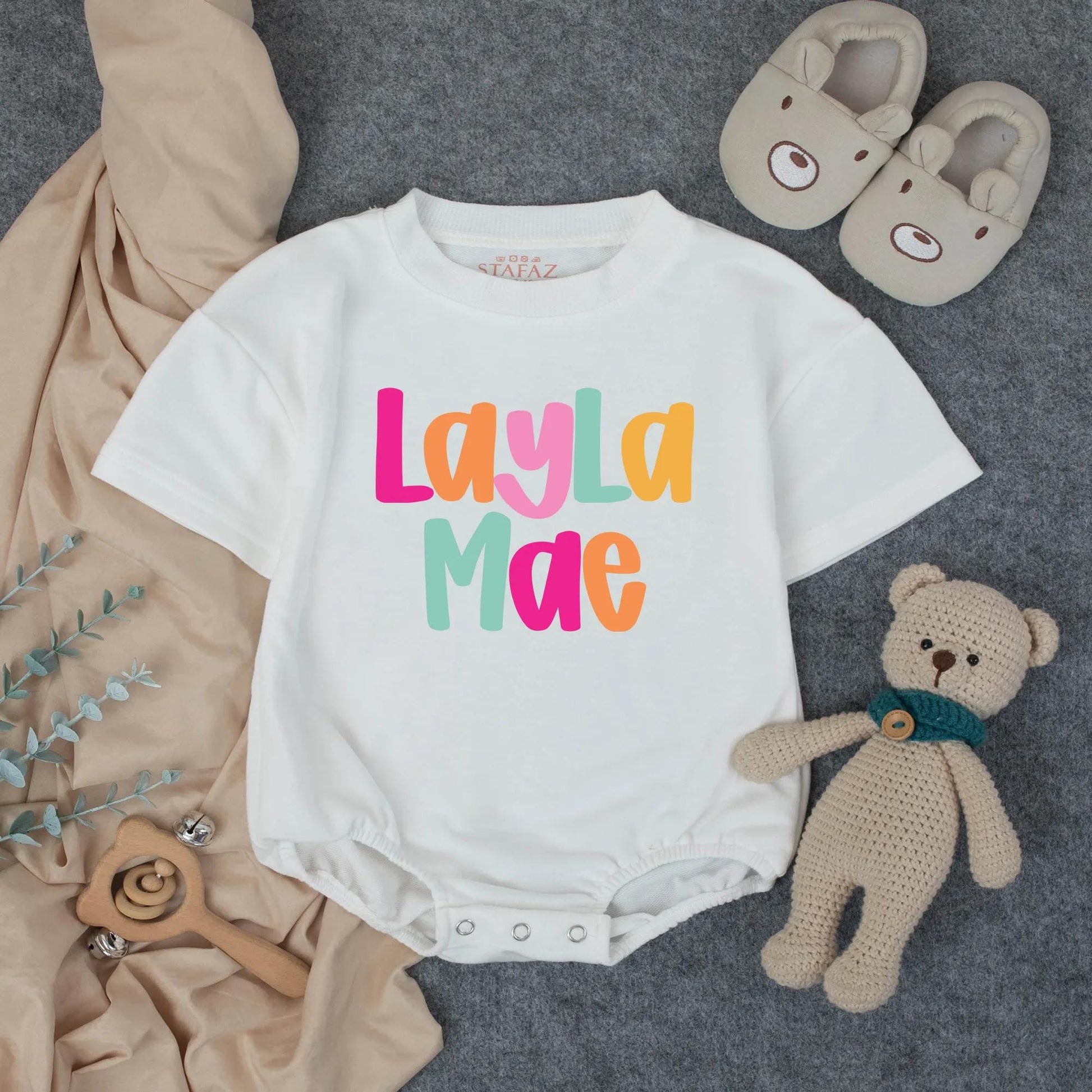 Personalized Name Baby Girl Romper Playful Bright Colorful Letters Birthday Bodysuit Infant Toddler Shower Gift Modern Cheerful Design