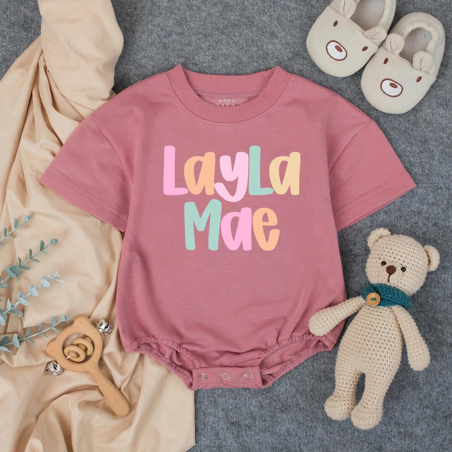 Personalized Name Baby Girl Romper Playful Bright Colorful Letters Birthday Bodysuit Infant Toddler Shower Gift Modern Cheerful Design