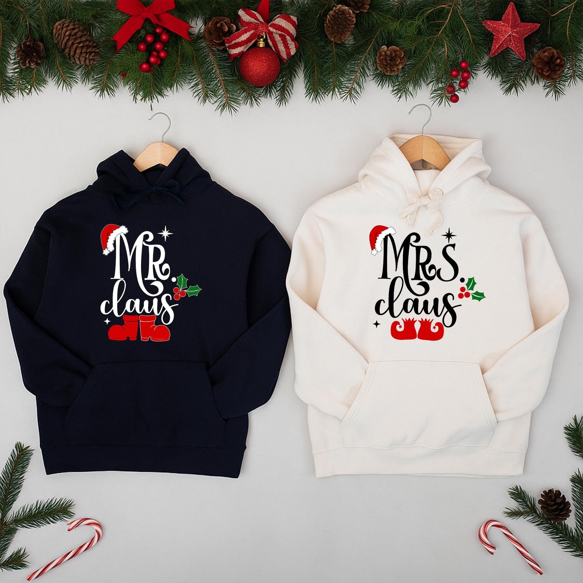 Mrs Claus and Mr Claus Matching Christmas Sweatshirts Festive Red Black Green Santa Hat Holly Elf Shoe Designs Couple Holiday Apparel