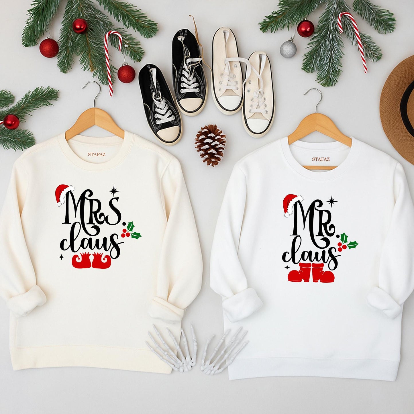 Mrs Claus and Mr Claus Matching Christmas Sweatshirts Festive Red Black Green Santa Hat Holly Elf Shoe Designs Couple Holiday Apparel