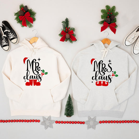 Mrs Claus and Mr Claus Matching Christmas Sweatshirts Festive Red Black Green Santa Hat Holly Elf Shoe Designs Couple Holiday Apparel