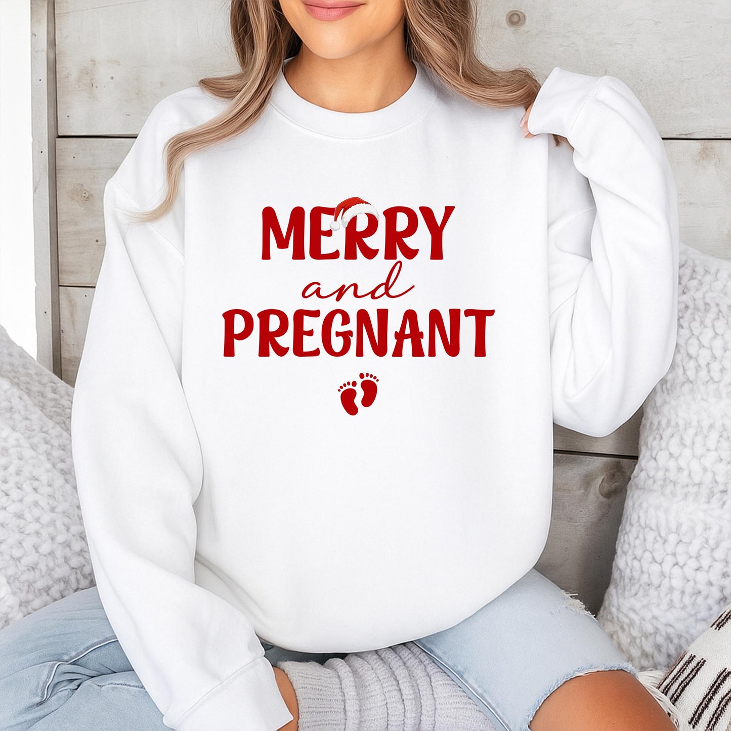 Merry and Pregnant Christmas Sweatshirt: Festive Holiday Pregnancy Announcement!  Comfy Xmas Outfit for Expecting Moms, Cute Baby Footprints Design, Red Lettering (138 chars)