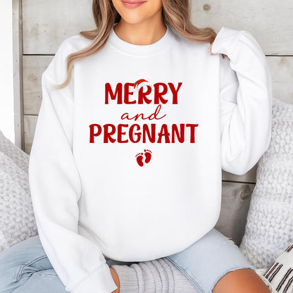 Merry and Pregnant Christmas Sweatshirt: Festive Holiday Pregnancy Announcement!  Comfy Xmas Outfit for Expecting Moms, Cute Baby Footprints Design, Red Lettering (138 chars)