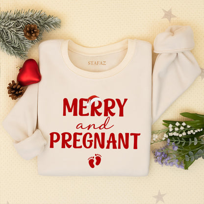 Merry and Pregnant Christmas Sweatshirt: Festive Holiday Pregnancy Announcement!  Comfy Xmas Outfit for Expecting Moms, Cute Baby Footprints Design, Red Lettering (138 chars)