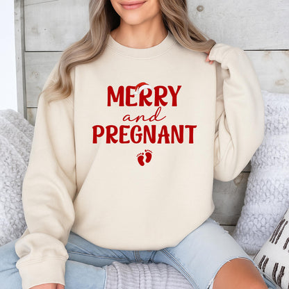 Merry and Pregnant Christmas Sweatshirt: Festive Holiday Pregnancy Announcement!  Comfy Xmas Outfit for Expecting Moms, Cute Baby Footprints Design, Red Lettering (138 chars)