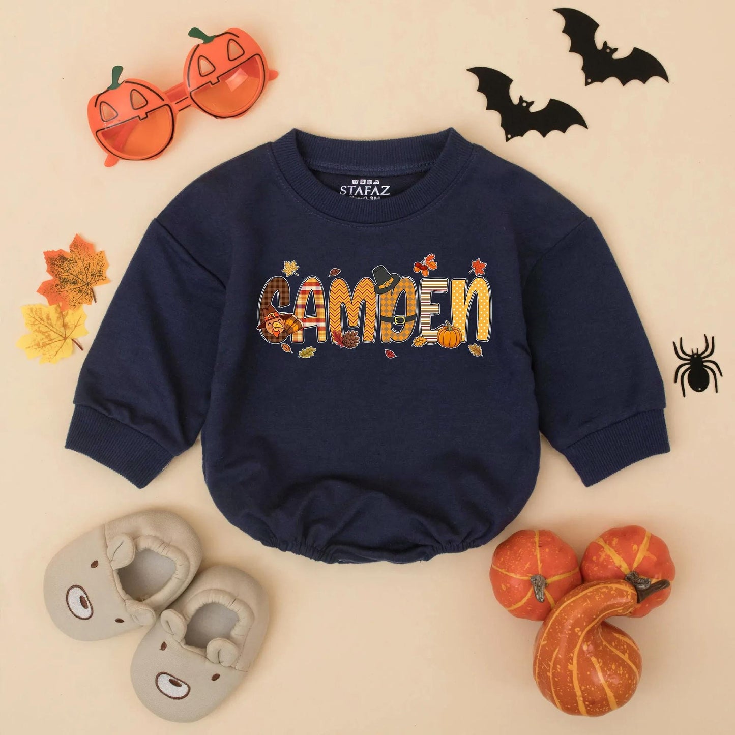 Custom Name My First Thanksgiving Baby Romper with Autumn Turkey Pumpkin Plaid CAMDEN Design Fall Toddler Sweatshirt Bodysuit Gift