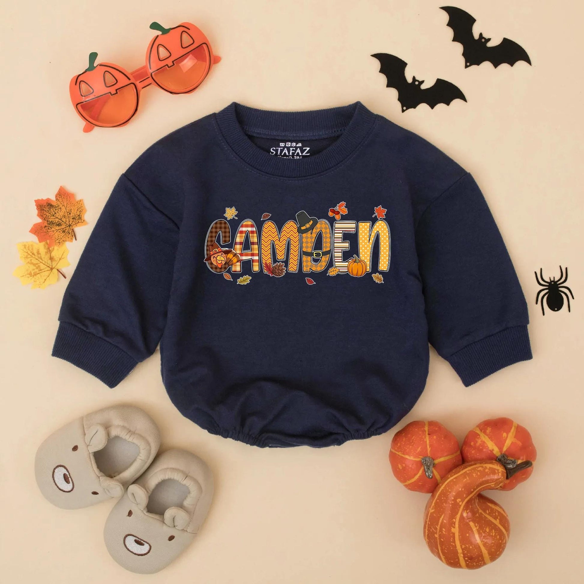 Custom Name My First Thanksgiving Baby Romper with Autumn Turkey Pumpkin Plaid CAMDEN Design Fall Toddler Sweatshirt Bodysuit Gift