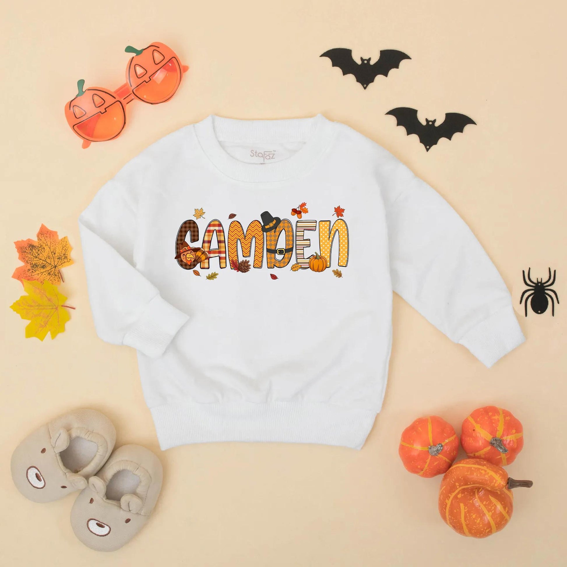 Custom Name My First Thanksgiving Baby Romper with Autumn Turkey Pumpkin Plaid CAMDEN Design Fall Toddler Sweatshirt Bodysuit Gift