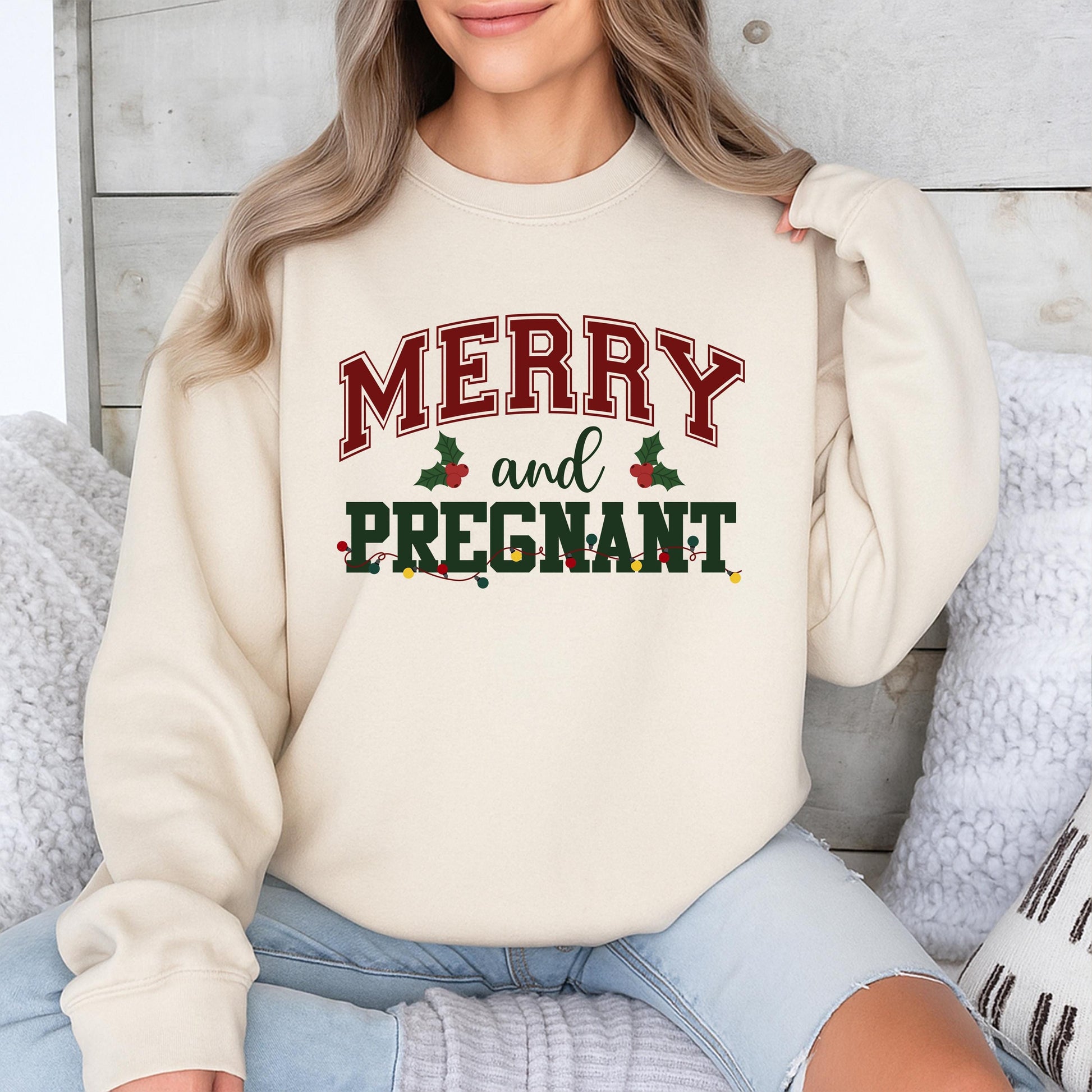Merry and Pregnant Christmas Announcement Sweatshirt Festive Baby Reveal Crewneck Sweater for Expectant Mom Funny Xmas Maternity Gift