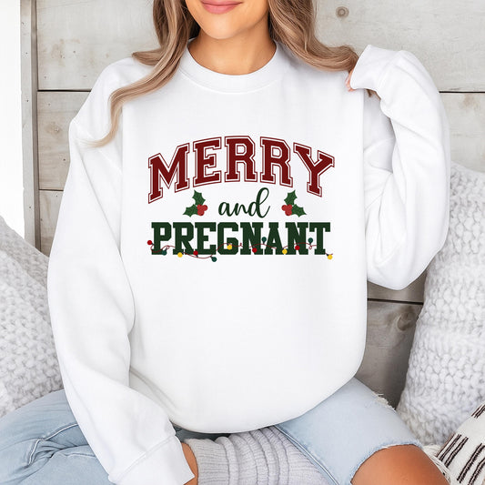 Merry and Pregnant Christmas Announcement Sweatshirt Festive Baby Reveal Crewneck Sweater for Expectant Mom Funny Xmas Maternity Gift