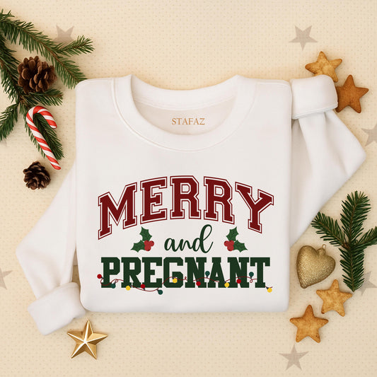Merry and Pregnant Christmas Announcement Sweatshirt Festive Baby Reveal Crewneck Sweater for Expectant Mom Funny Xmas Maternity Gift