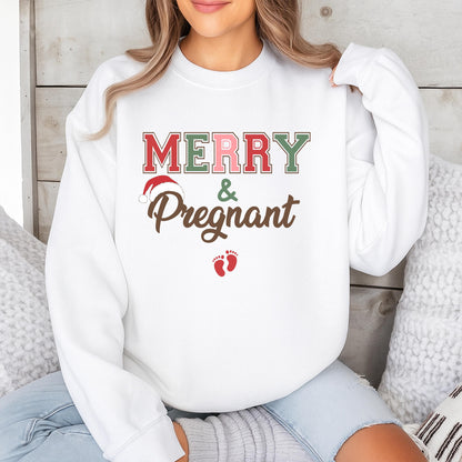 Merry & Pregnant Christmas Maternity Sweater, Funny Expecting Mom Outfit with Santa Hat, Cute Holiday Pregnancy Announcement Xmas Gift for Mom-to-Be 138