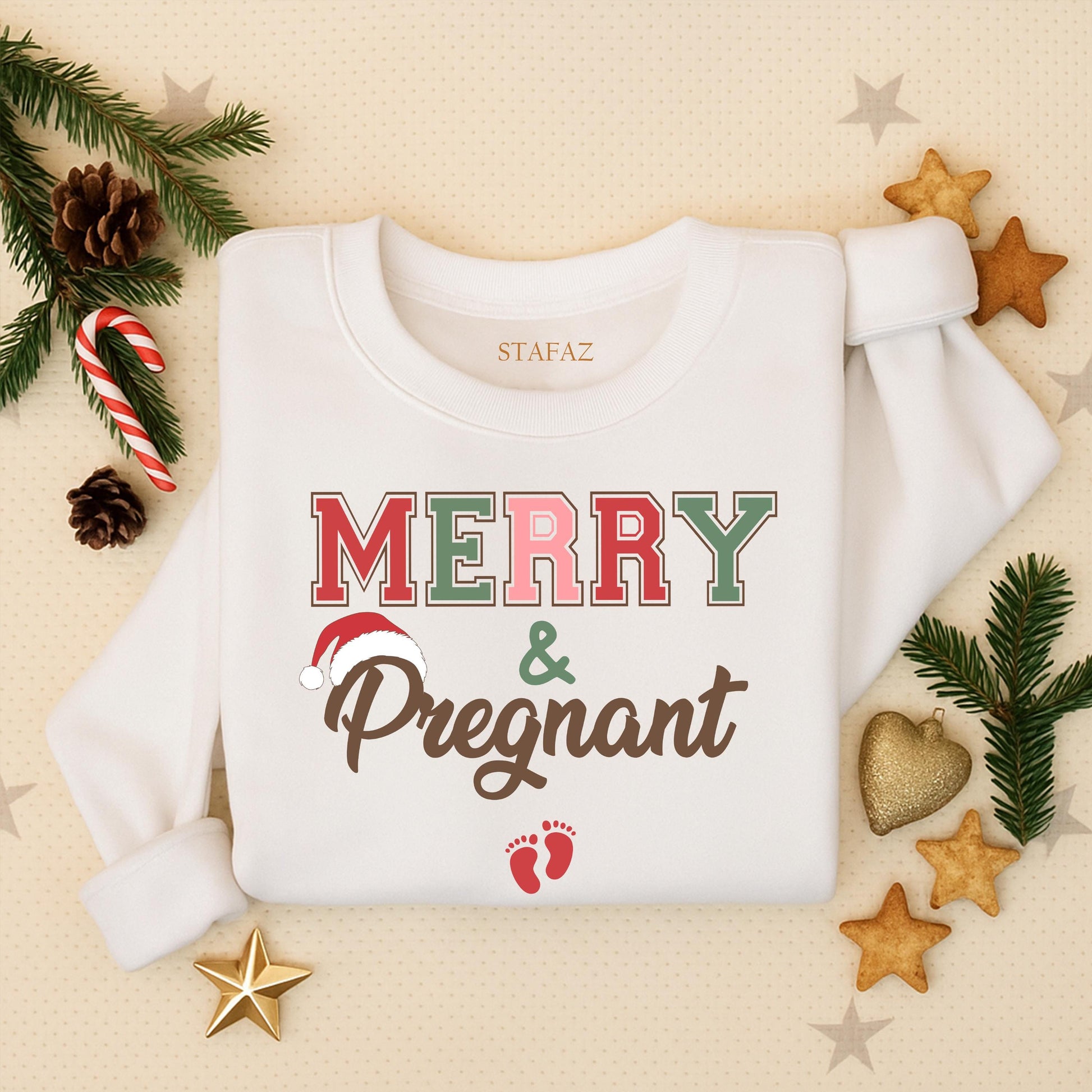 Merry & Pregnant Christmas Maternity Sweater, Funny Expecting Mom Outfit with Santa Hat, Cute Holiday Pregnancy Announcement Xmas Gift for Mom-to-Be 138