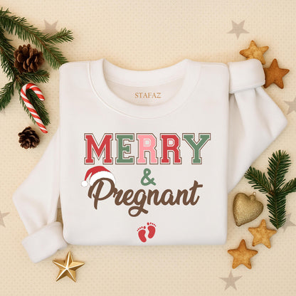 Merry & Pregnant Christmas Maternity Sweater, Funny Expecting Mom Outfit with Santa Hat, Cute Holiday Pregnancy Announcement Xmas Gift for Mom-to-Be 138
