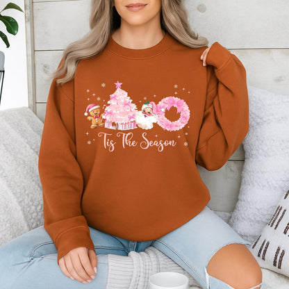 Cute Pink Christmas Tis The Season Sweatshirt featuring Vintage Santa, Festive Pink Tree, Gingerbread Man, and Merry Holiday Crewneck Sweater