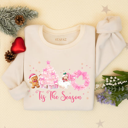 Cute Pink Christmas Tis The Season Sweatshirt featuring Vintage Santa, Festive Pink Tree, Gingerbread Man, and Merry Holiday Crewneck Sweater