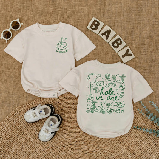 Personalized Golf Hole in One Baby Boy Romper First Birthday Bodysuit whimsical flag cart club trophy design one year old gift