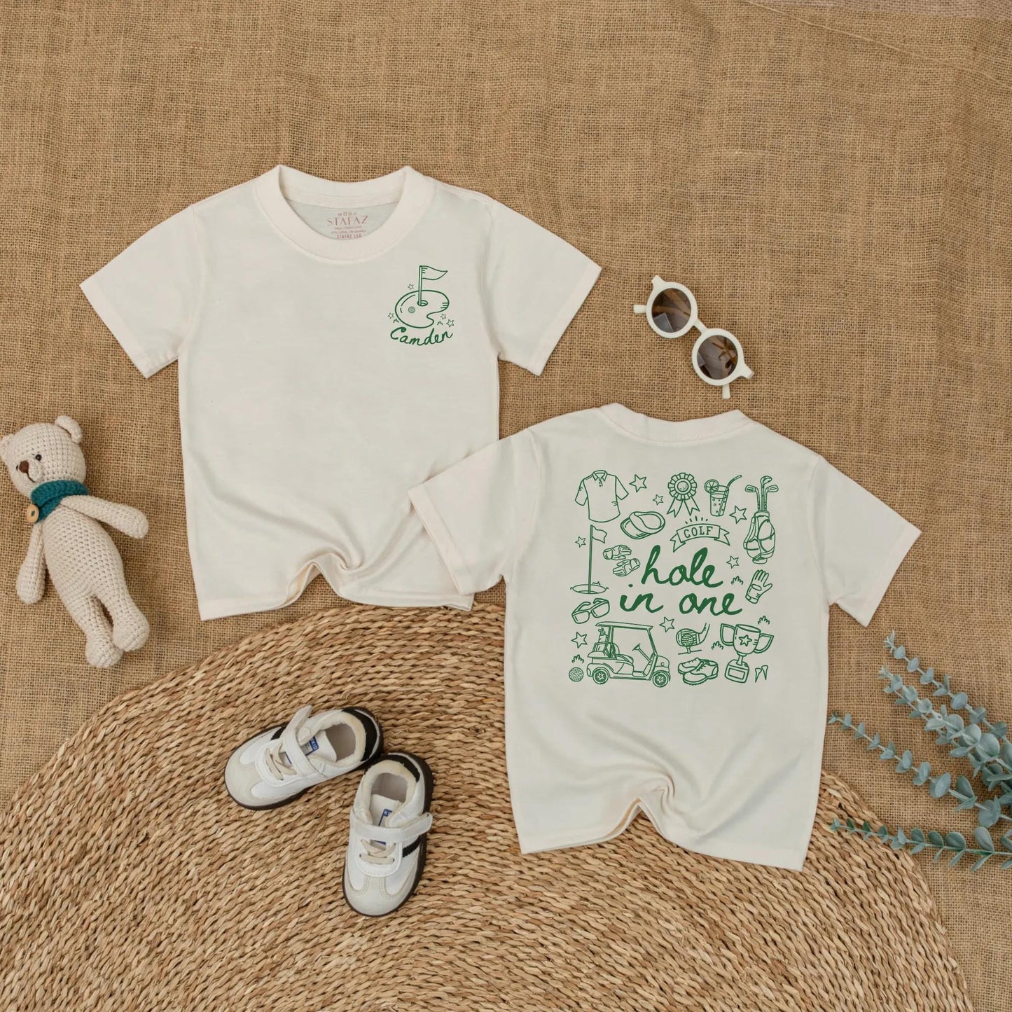 Personalized Golf Hole in One Baby Boy Romper First Birthday Bodysuit whimsical flag cart club trophy design one year old gift