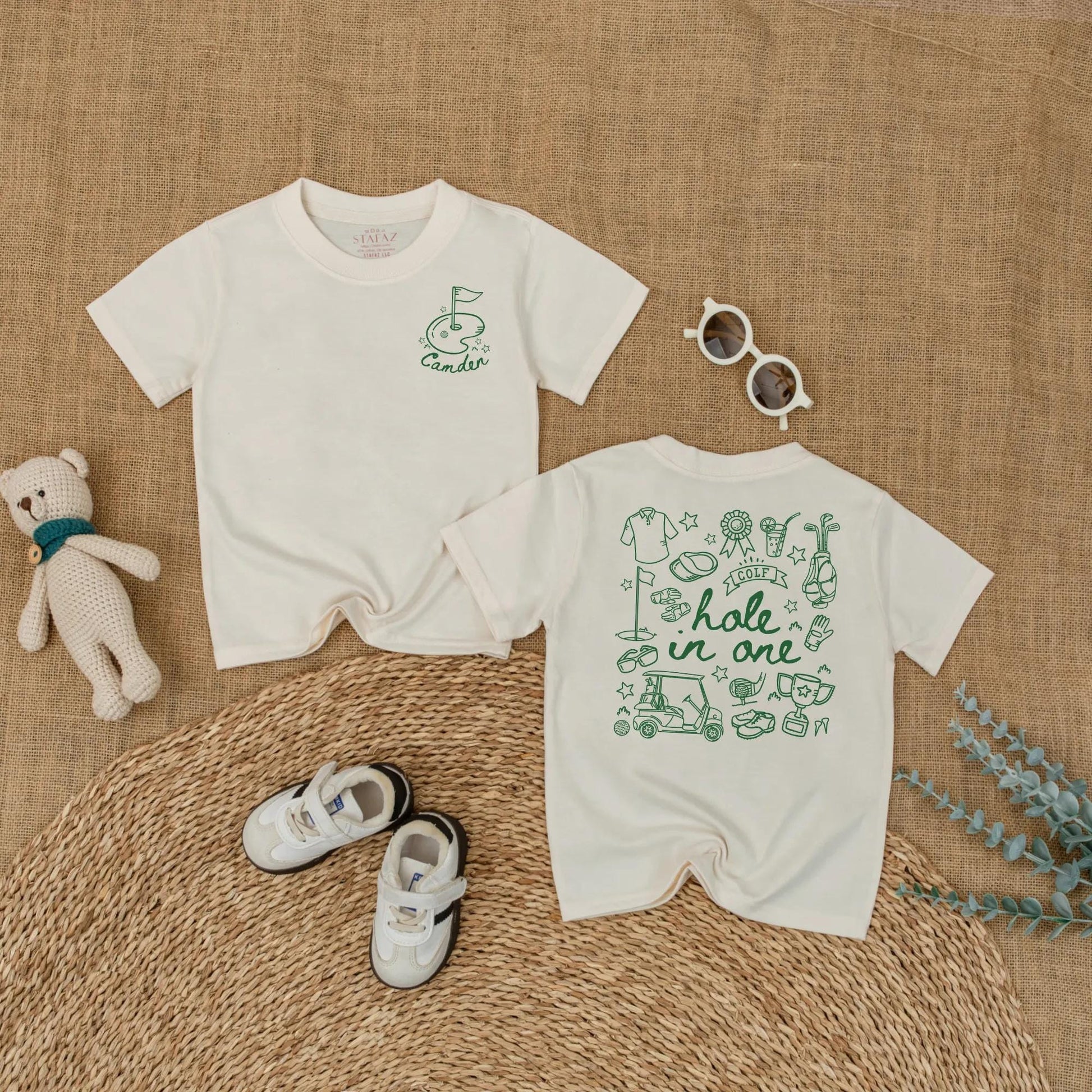 Personalized Golf Hole in One Baby Boy Romper First Birthday Bodysuit whimsical flag cart club trophy design one year old gift