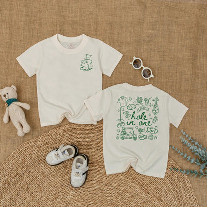 Personalized Golf Hole in One Baby Boy Romper First Birthday Bodysuit whimsical flag cart club trophy design one year old gift