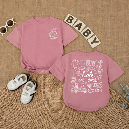 Personalized Golf Hole in One Baby Boy Romper First Birthday Bodysuit whimsical flag cart club trophy design one year old gift