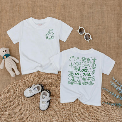 Personalized Golf Hole in One Baby Boy Romper First Birthday Bodysuit whimsical flag cart club trophy design one year old gift