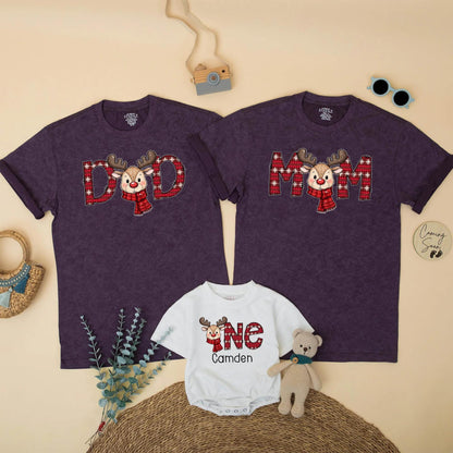 Reindeer Family Christmas Shirts, Plaid First Birthday Outfit, Matching Holiday Xmas Party Tee, Baby One Year Old Gift, Cheerful Red & Green