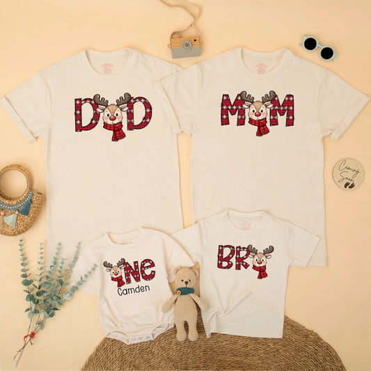 Reindeer Family Christmas Shirts, Plaid First Birthday Outfit, Matching Holiday Xmas Party Tee, Baby One Year Old Gift, Cheerful Red & Green