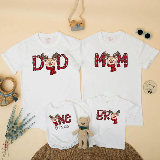 Reindeer Family Christmas Shirts, Plaid First Birthday Outfit, Matching Holiday Xmas Party Tee, Baby One Year Old Gift, Cheerful Red & Green