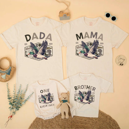 Dada Mama One Lucky Duck 1st Birthday Matching Shirts Family Hunting Camo Mallard Design Rustic Boy Party Outfit EST 2024