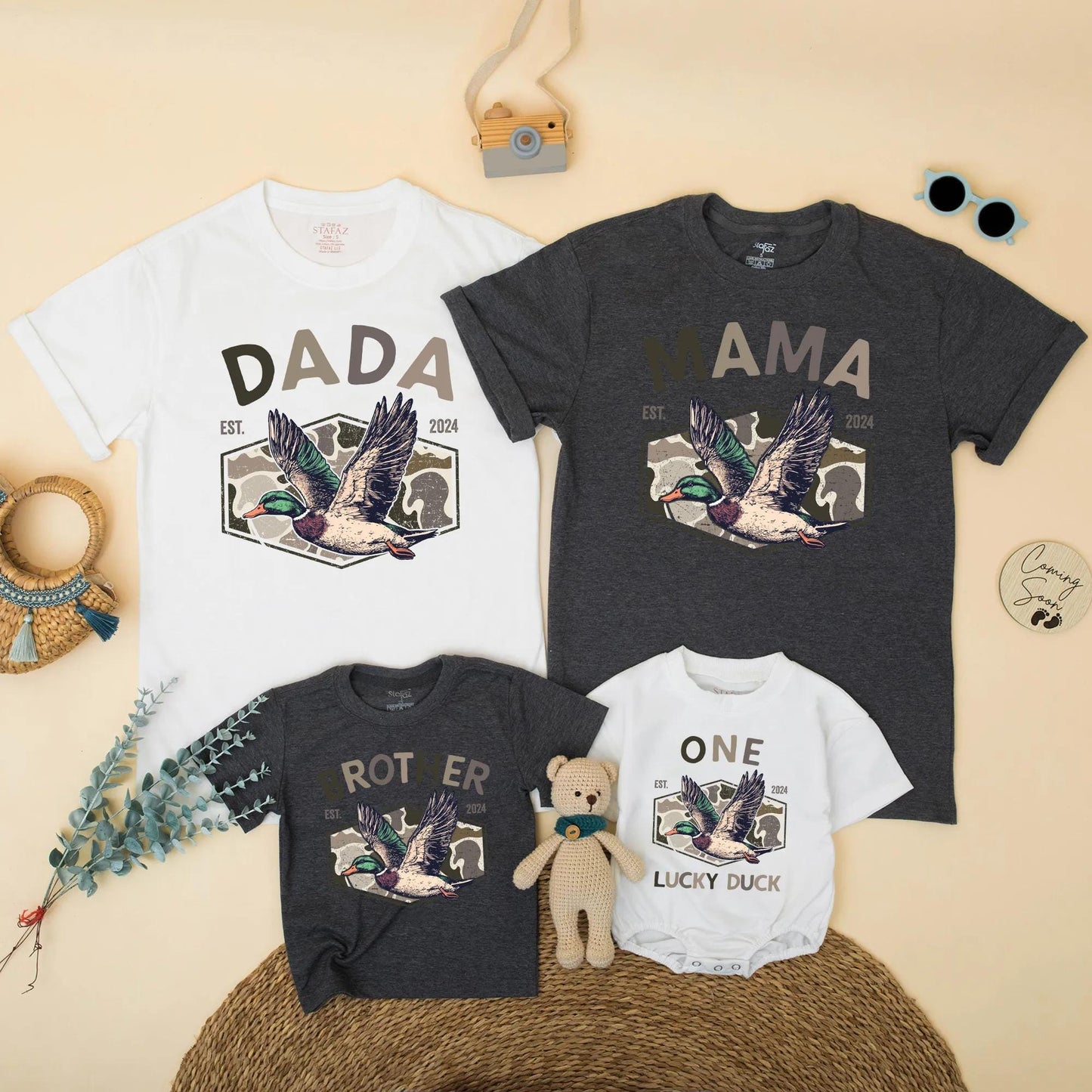 Dada Mama One Lucky Duck 1st Birthday Matching Shirts Family Hunting Camo Mallard Design Rustic Boy Party Outfit EST 2024