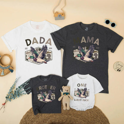 Dada Mama One Lucky Duck 1st Birthday Matching Shirts Family Hunting Camo Mallard Design Rustic Boy Party Outfit EST 2024