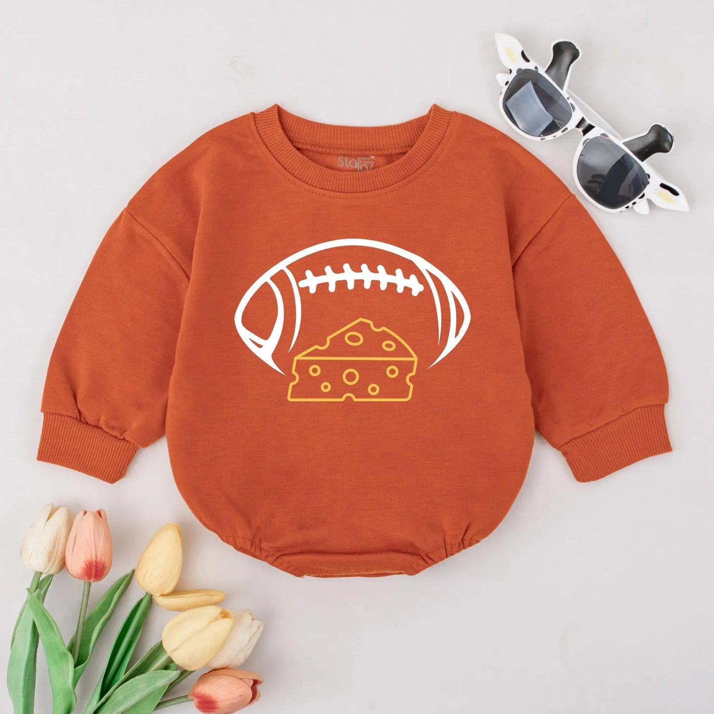 Playful Cartoon Football and Cheese Baby Romper Bodysuit Soft Cotton Infant Gameday Outfit Newborn Sport Fan Apparel Gift