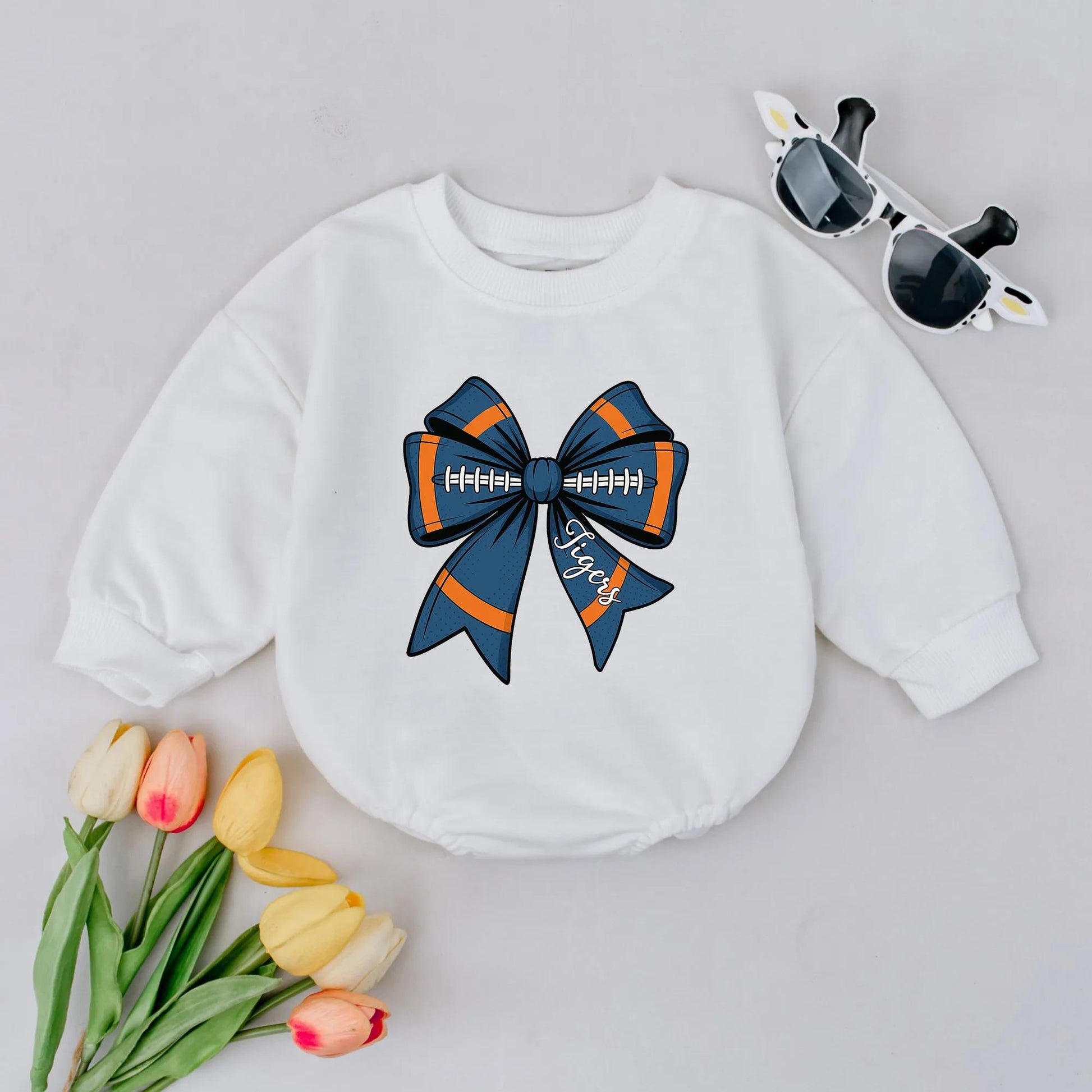 Personalized Football Bow Romper Game Day Baby Girl Clothes Tigers Orange Blue White Sport Fan Bubble Outfit Newborn Gift