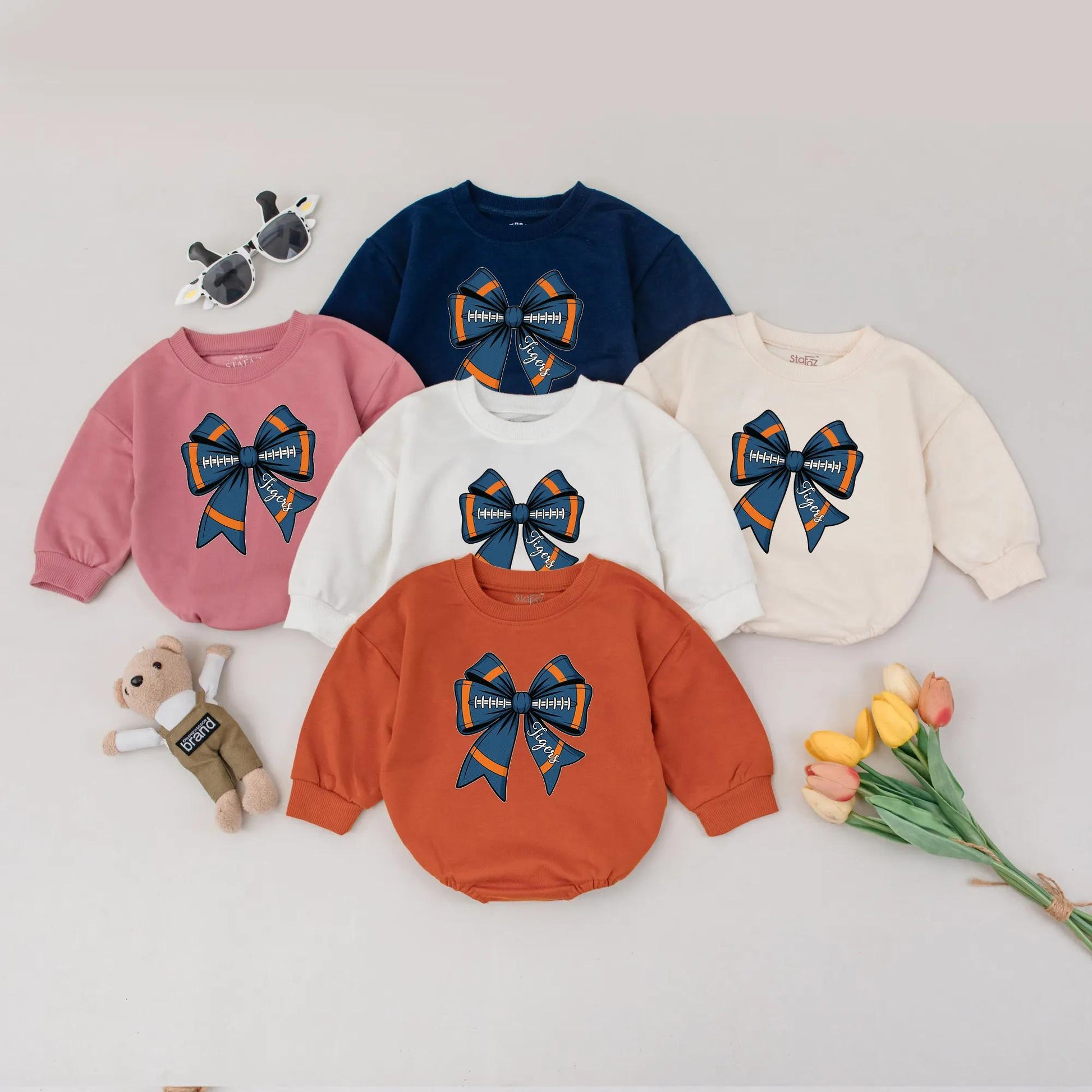Personalized Football Bow Romper Game Day Baby Girl Clothes Tigers Orange Blue White Sport Fan Bubble Outfit Newborn Gift
