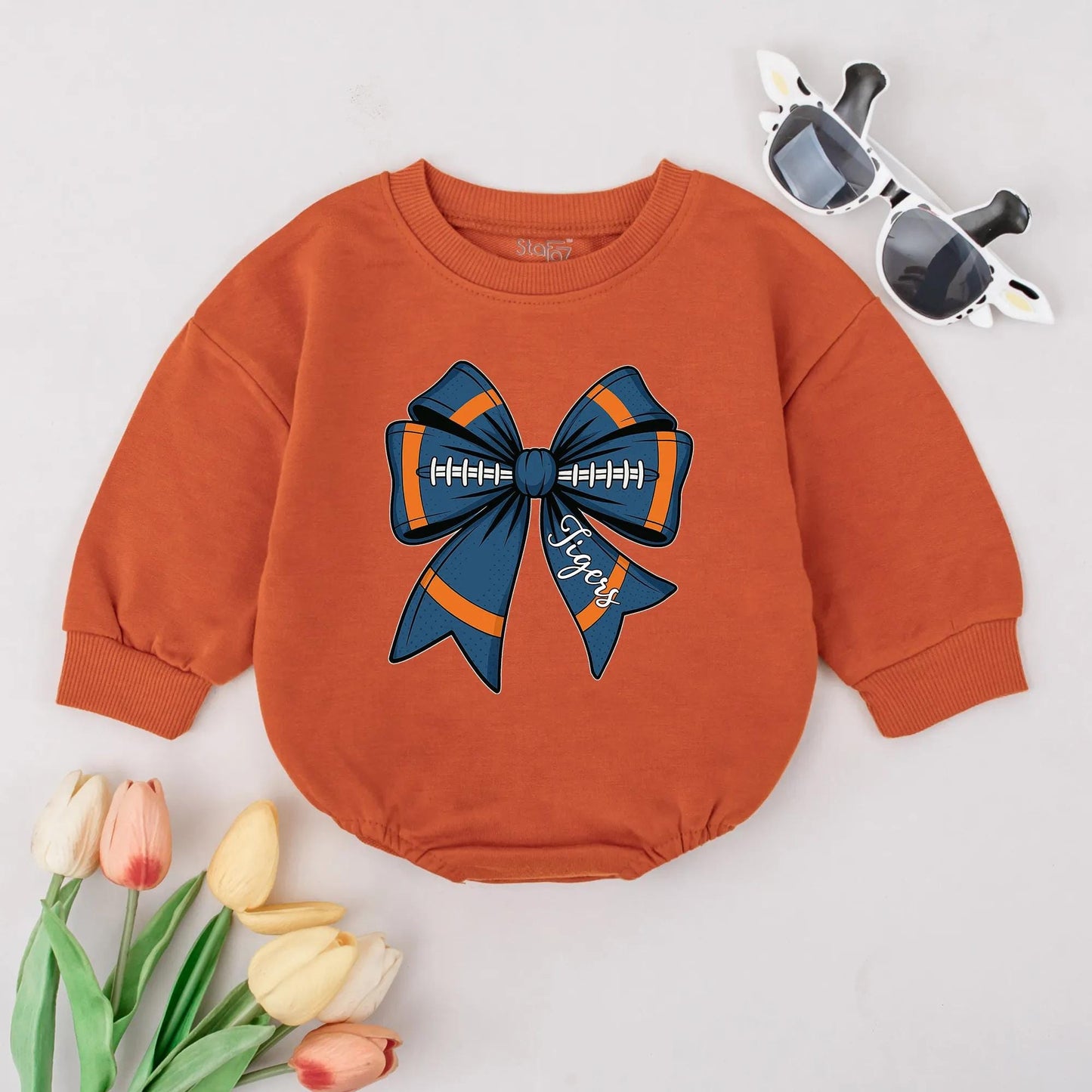 Personalized Football Bow Romper Game Day Baby Girl Clothes Tigers Orange Blue White Sport Fan Bubble Outfit Newborn Gift