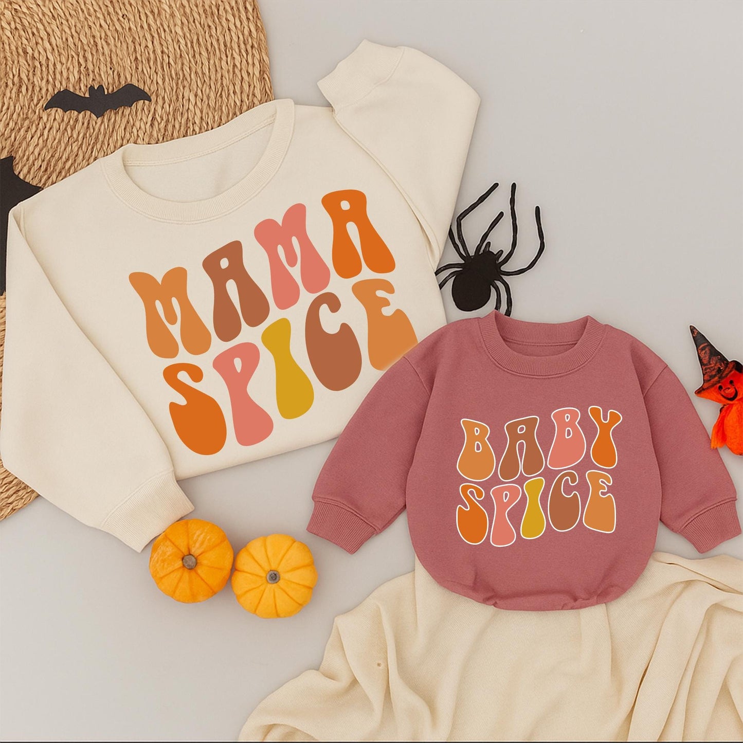 Mama Spice Baby Spice Matching Thanksgiving Sweatshirt for Mommy and Little Girl with Retro 70s Orange Brown Pink Yellow Fall Design Cozy Mother Daughter Outfit