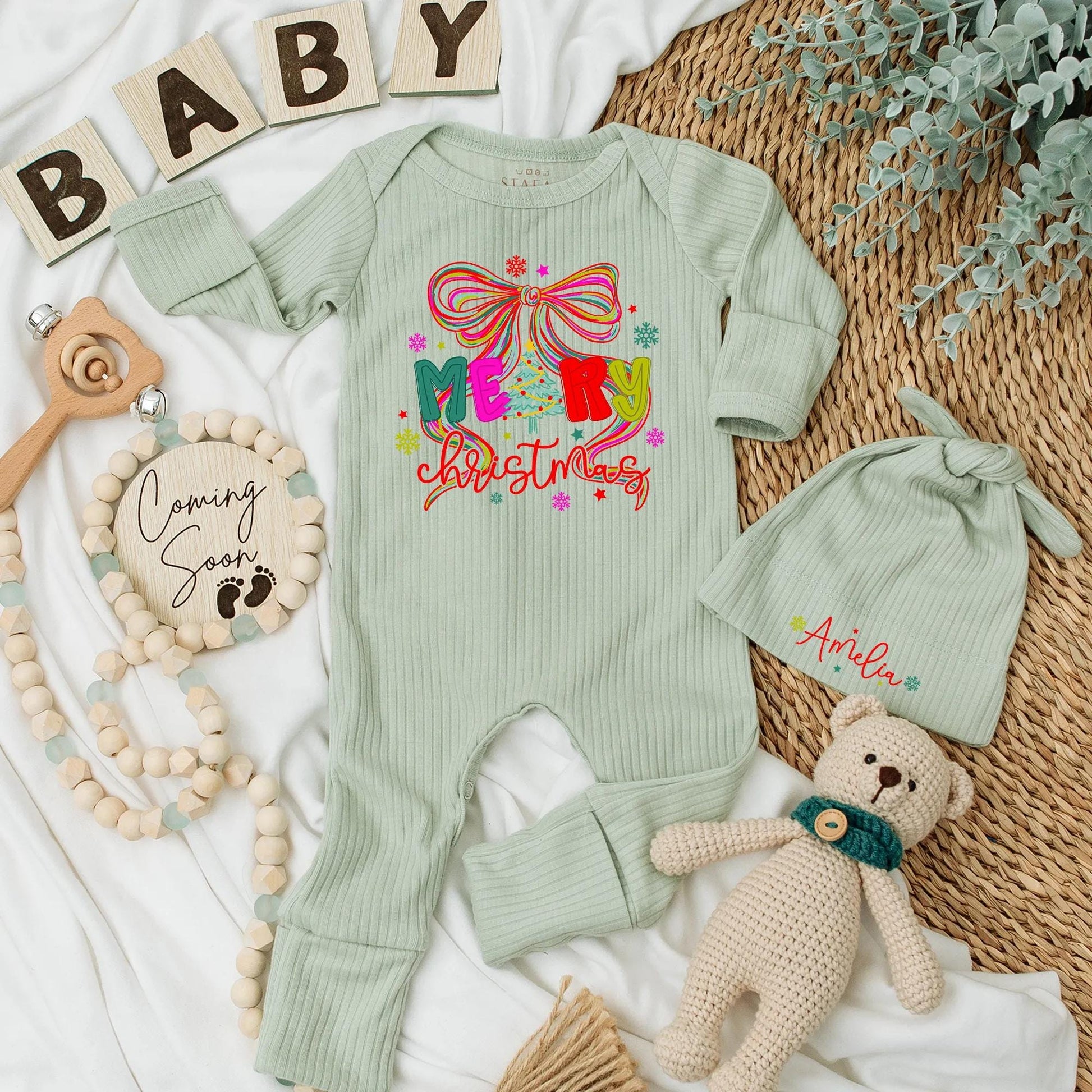 Merry Christmas Baby Bodysuit Bow Outfit, Cheerful Holiday Newborn Clothes, Red & Green Xmas, Cute Baby Girl Clothes, Christmas Gift, Shower Gift (138 chars)