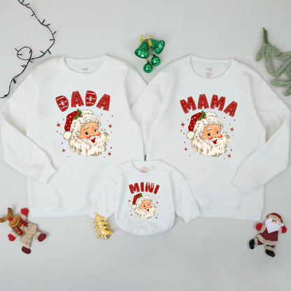 Retro Santa Claus Family Matching Sweatshirts Daddy Mommy Mini Holiday Outfits Baby's First Christmas Gift Whimsical Vintage Style