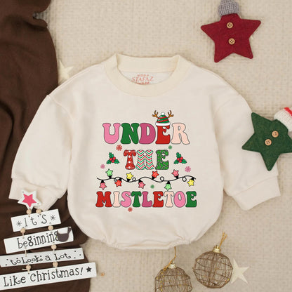 First Christmas Infant Bubble Romper Under Mistletoe Print Baby Girl Holiday Outfit Newborn Toddler Winter Bodysuit Holly Snowflake Gift